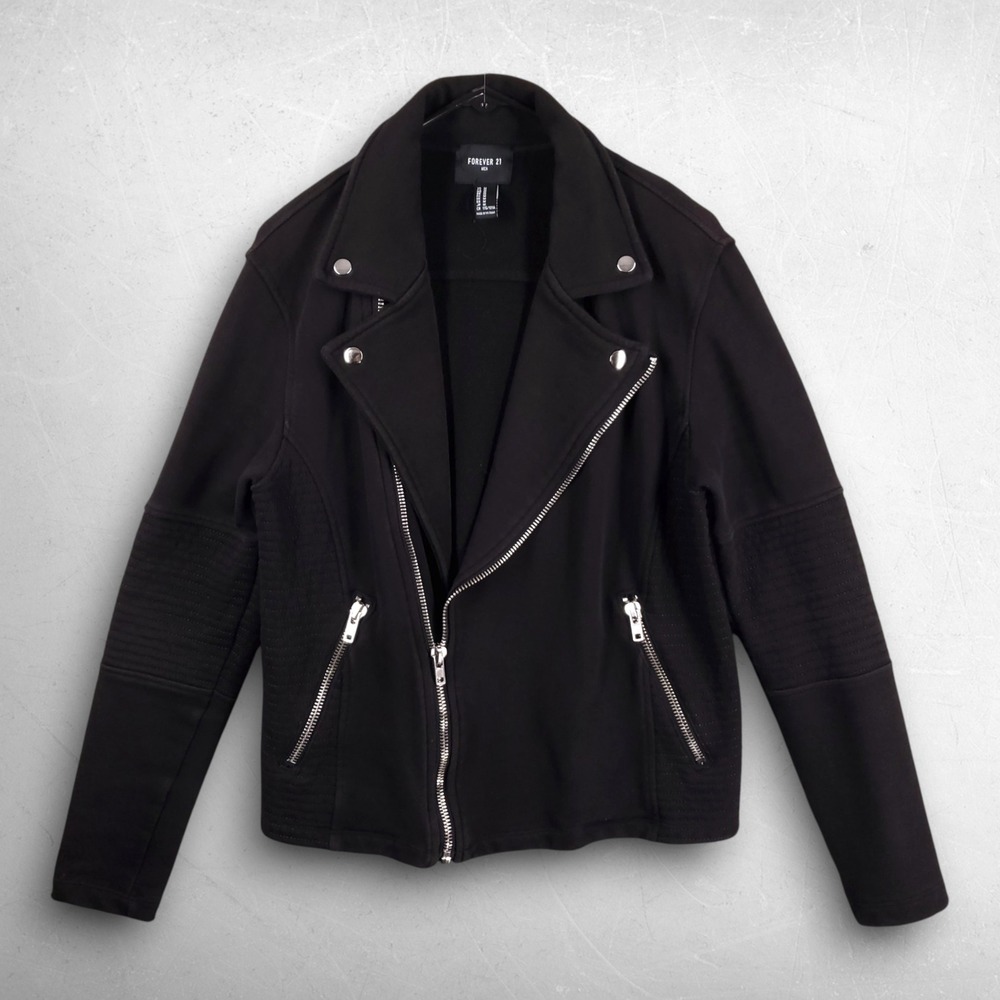 Forever 21 Moto Jacket Men M Black Ribbed Biker Goth Streetwear Edgy Urban Noir